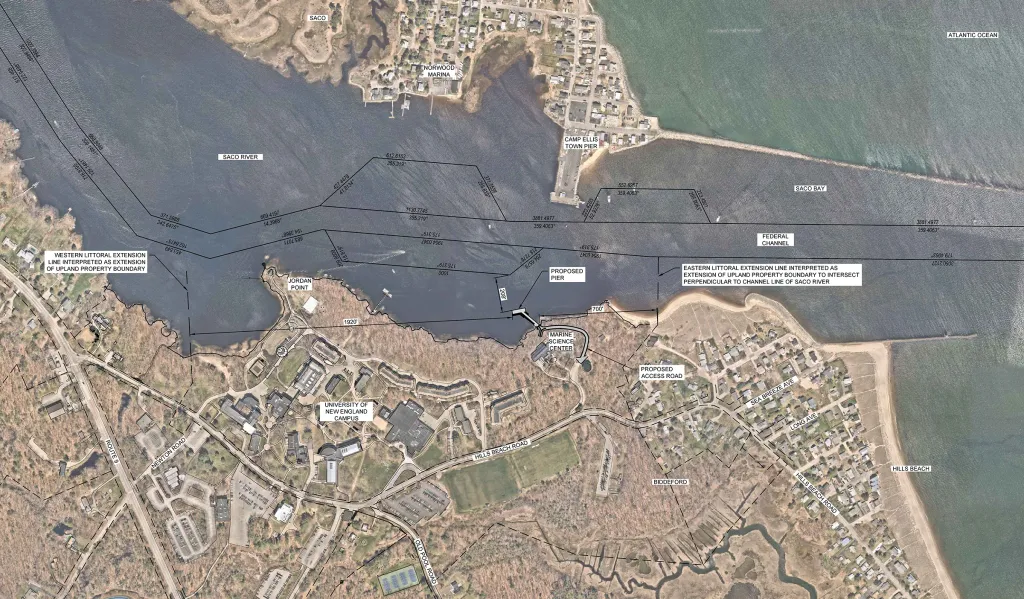 Aerial map showing proposed pier location on the Saco River with marked property boundaries, the UNE Marine Science Center, and surrounding coastal communities including Camp Ellis and Hills Beach.