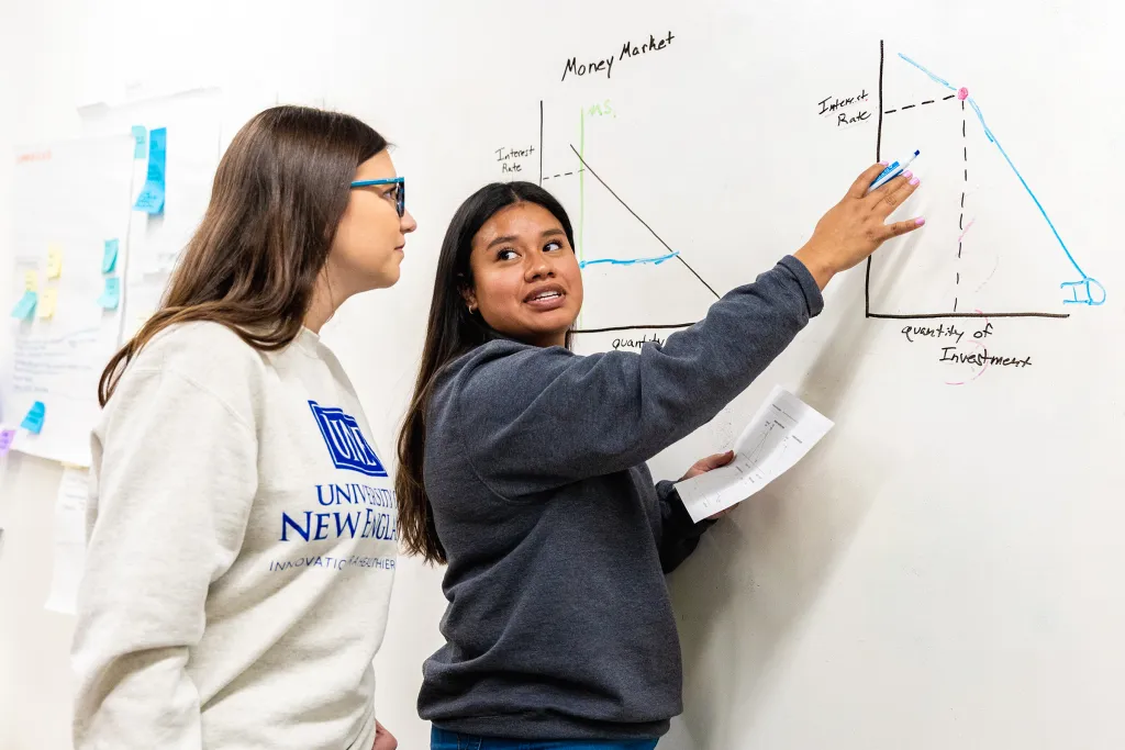 Two students collaborating on an economics problem at a whiteboard, with one pointing to a hand-drawn money market graph showing interest rate and quantity of investment while the other observes.