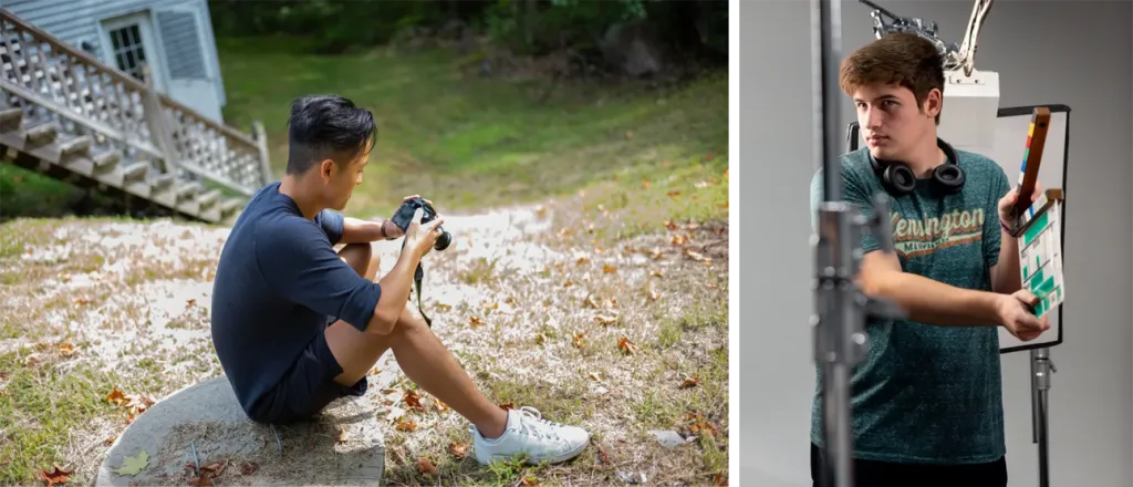 Left Image: Student photographer reviewing camera images outdoors among fallen autumn leaves. Right Image: Film student holding a clapperboard on set with headphones and lighting equipment.
