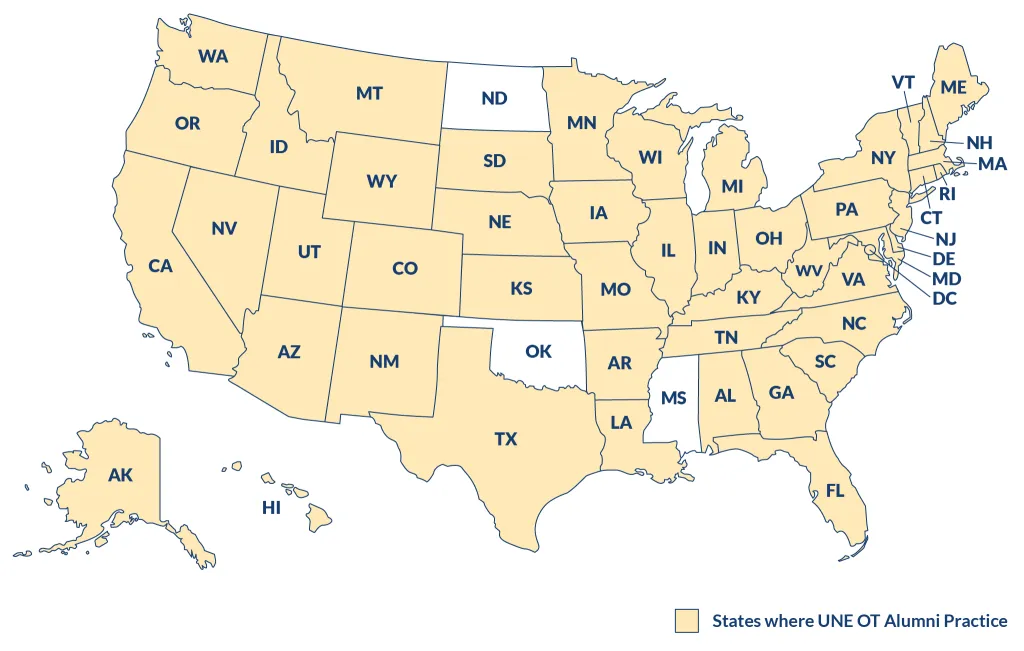 A map of the U.S. highlighting states where U N E occupational therapy alumni practice
