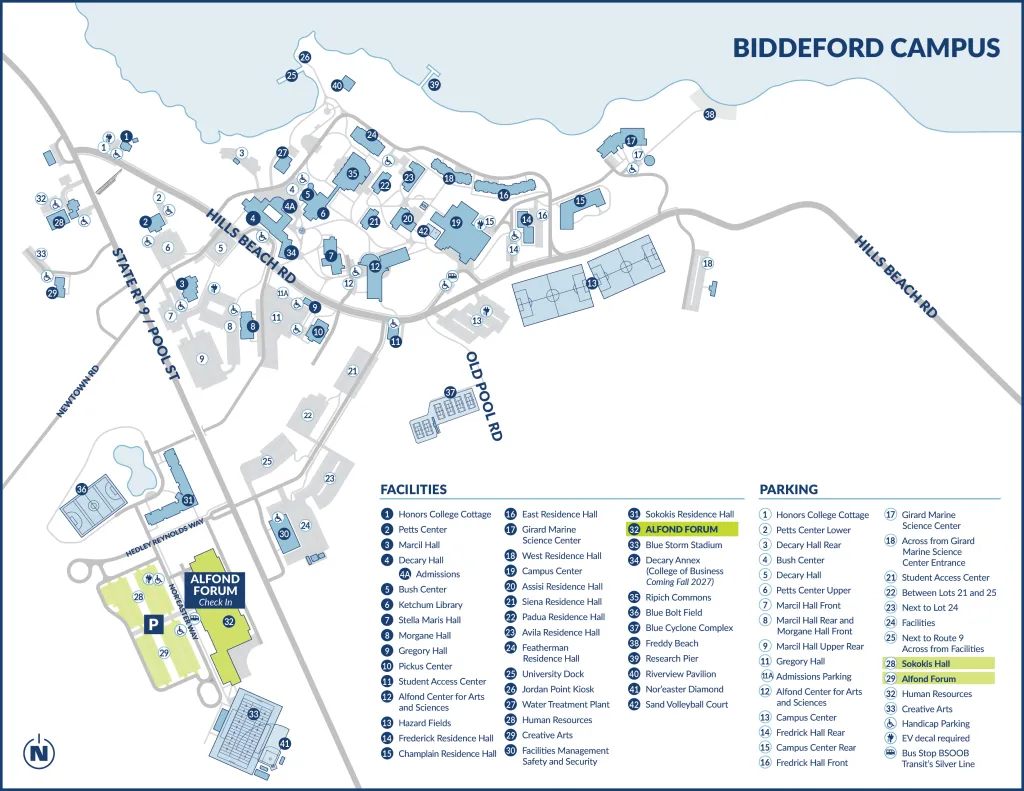A map of the U N E Biddeford Campus highlighting areas and buildings that are part of the accepted students day events