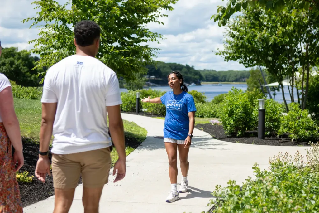 A U N E student gives a tour of the oceanfront Biddeford Campus