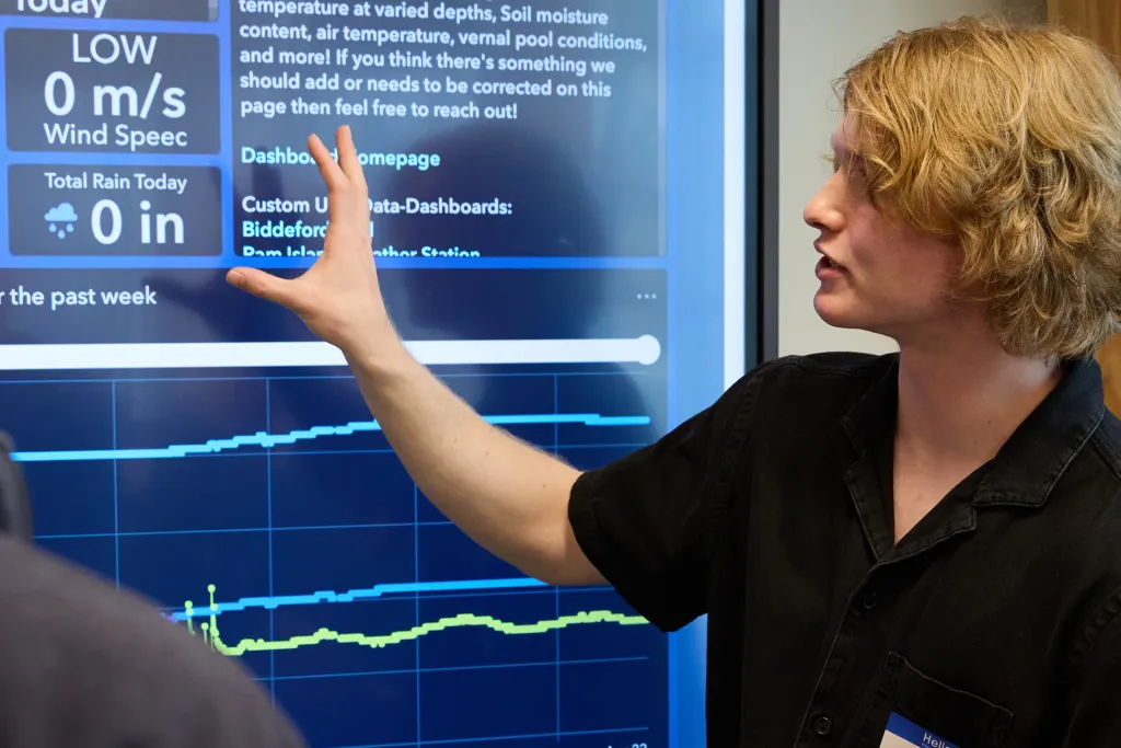 A student presents environmental data to an audience in front of a large display screen showing a weather station dashboard with soil moisture and temperature readings from a site in Biddeford.