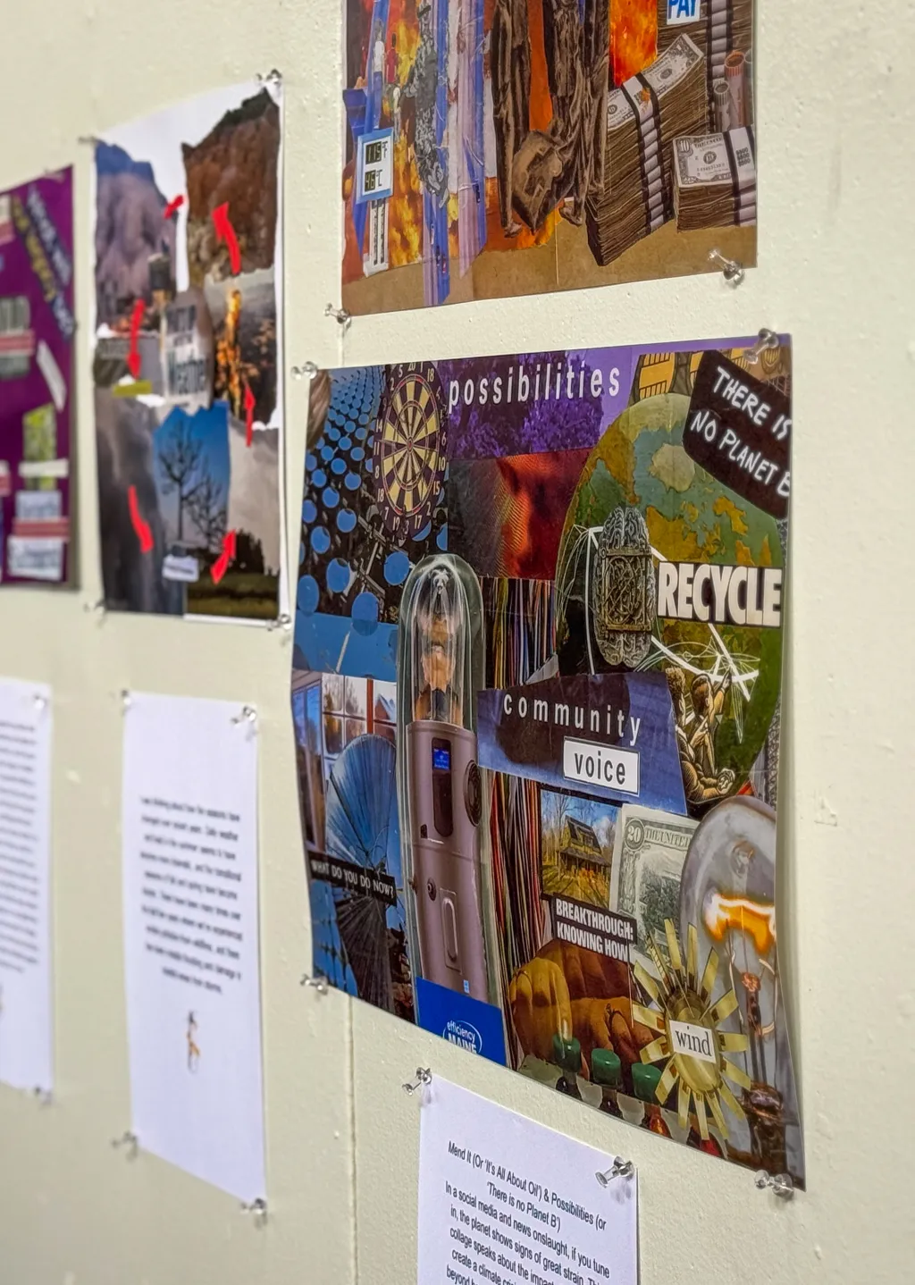 Collages hang on the walls of the UNE Campus Center