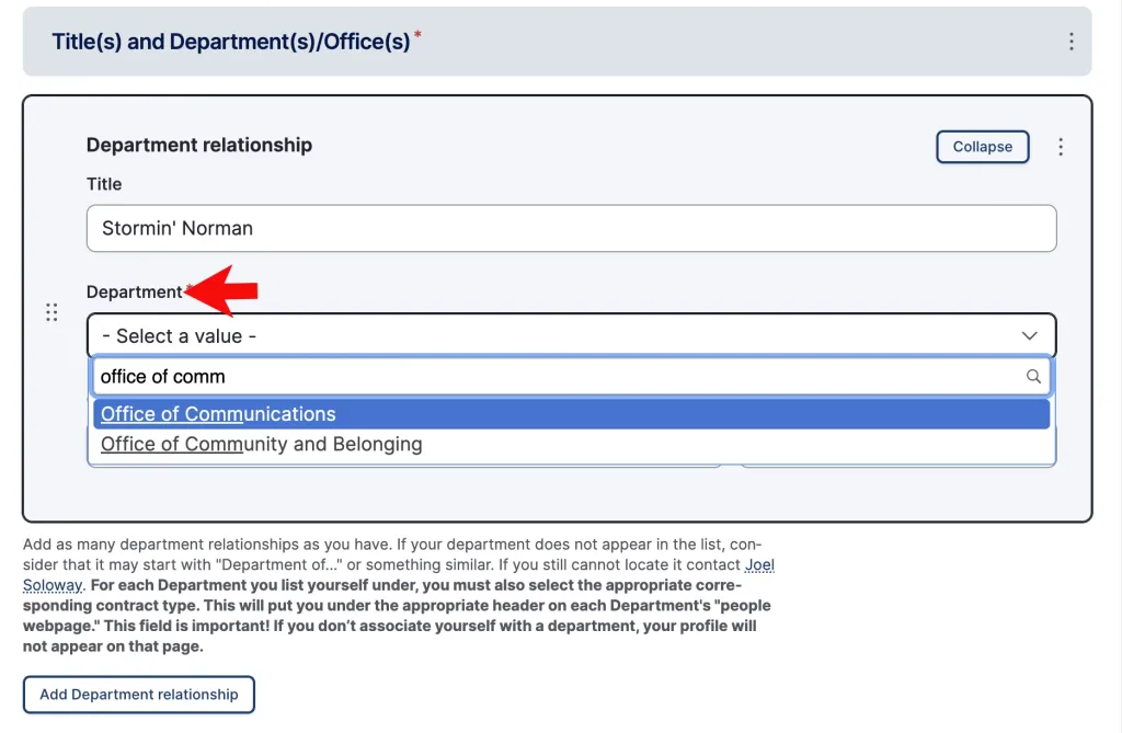 Screenshot of the profile editing portal with arrows showing users where to select their departmental relationships