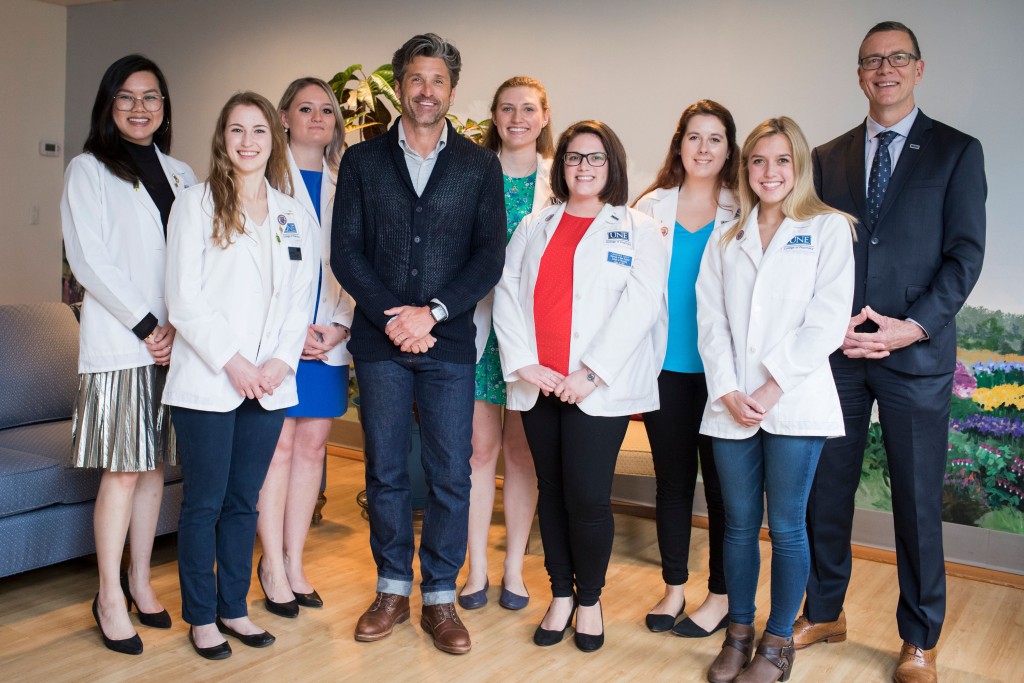 Pharmacy students from the class of 2021 with Patrick Dempsey and President Herbert