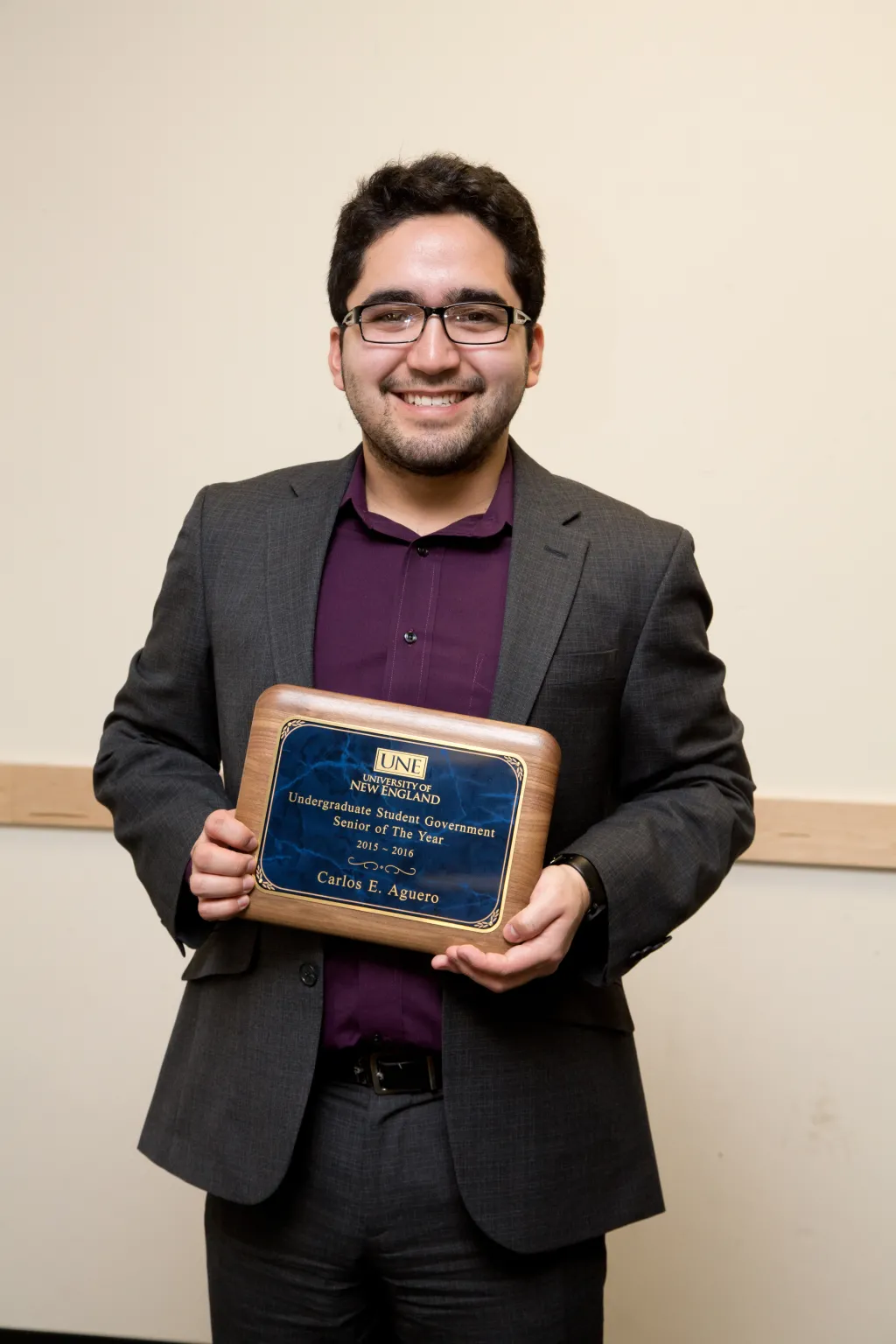 Carlos Aguero received the Undergraduate Student Government Senior of the Year Award at UNE's ULEAD Awards Ceremony, held April