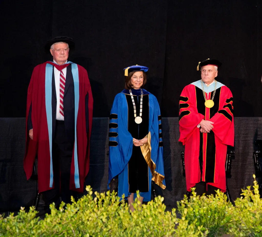 David MacMahon, member of the Maine Community College Board of Trustees; Danielle Ripich, President of UNE; and Scott Knapp, pre