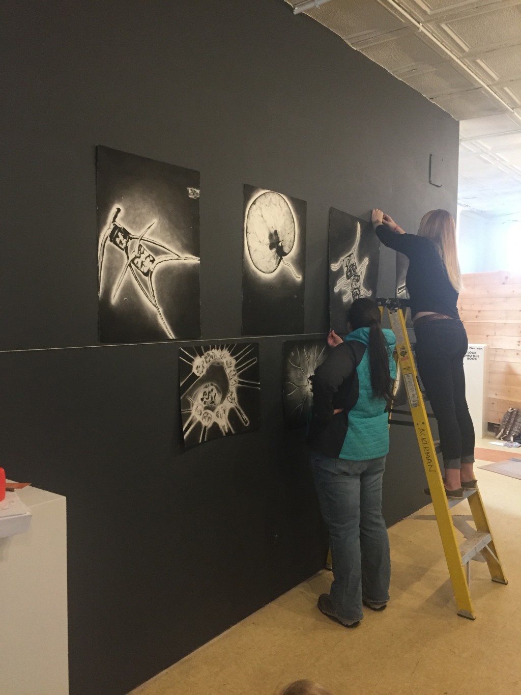 Maddie Adams and April Ater installing art work for the Internal Sublime exhibit