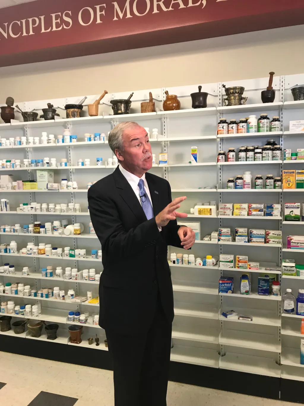 Dean of the College of Pharmacy Robert McCarthy being interviewed for the WCSH report