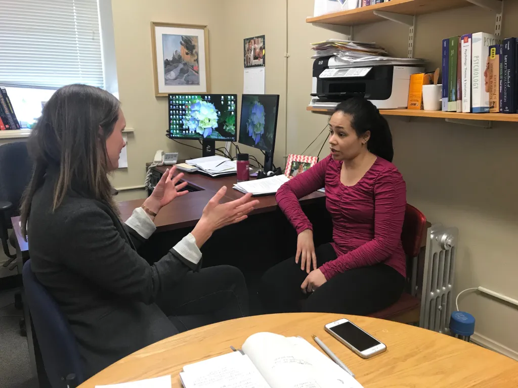 WCSH's Cameron O'Brien interviews Julie Longua Peterson in Decary Hall