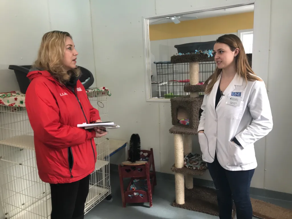 WCSH reporter Vivien Leigh interviews student Evan Carrell