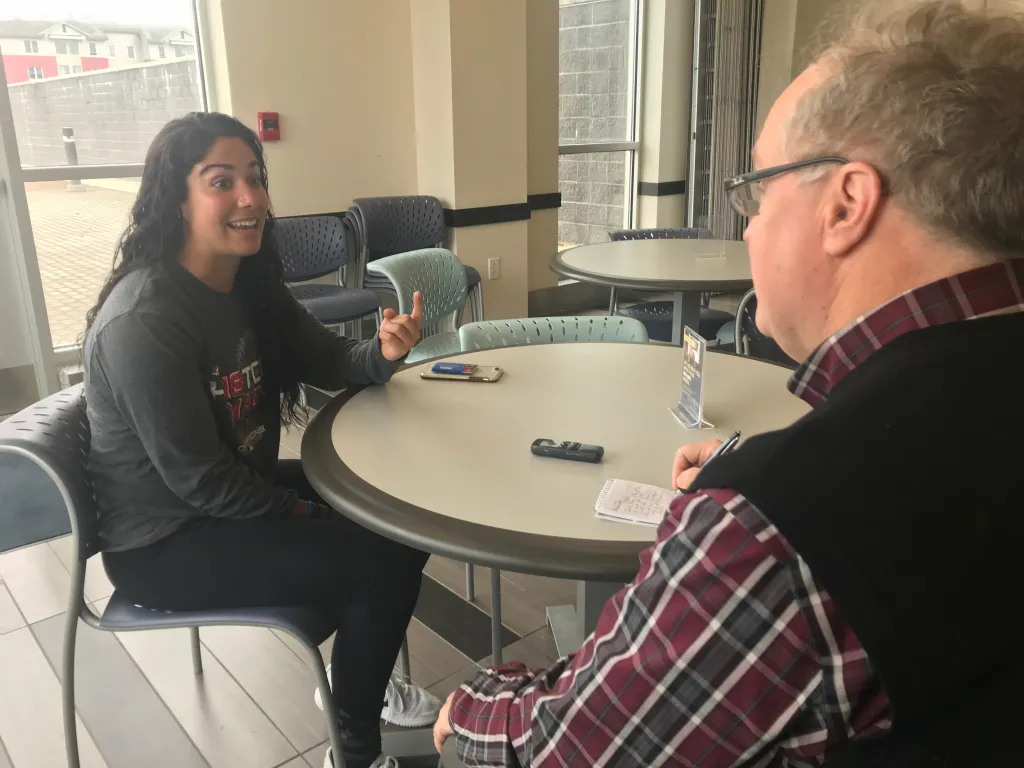Andrea Gosper chats with the Press Herald's Mike Lowe