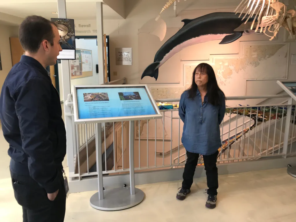 Kathryn Ono being interviewed by NBC Boston's Dustin Wlodkowski