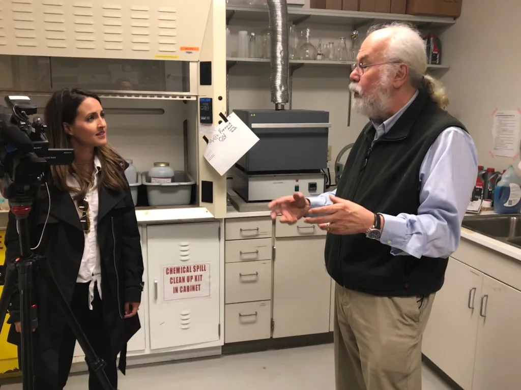 Stephan Zeeman chats with WCSH's Lindsey Mills inside a lab at the Marine Science Center