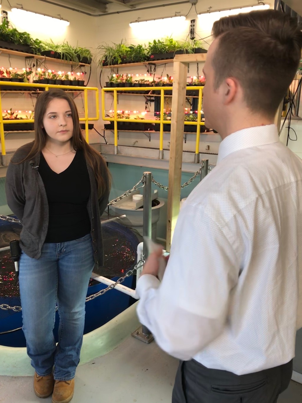Aubrey Jane, president of UNE's Aquaponics Club, being interviewed by WGME's Dustin Bonk