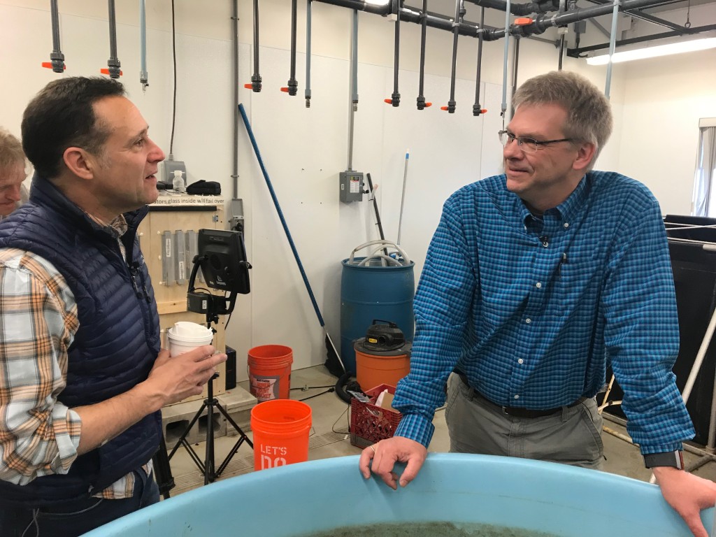 WCVB's Ted Reinstein chats with Markus Frederich at the crab tank inside the Marine Science Center