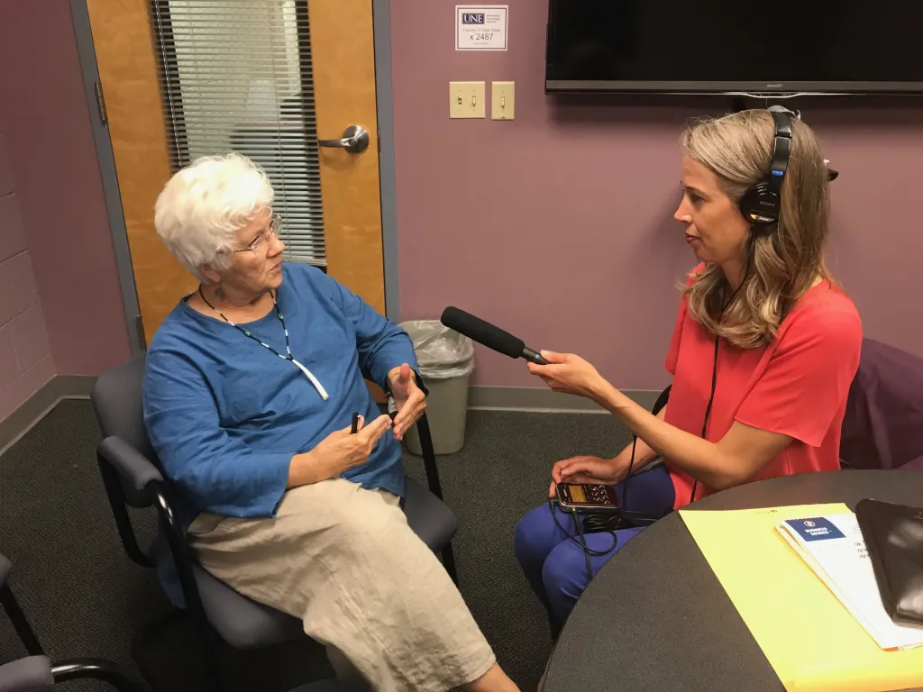 Polly Campbell being interviewed by Maine Public's Patty Wight