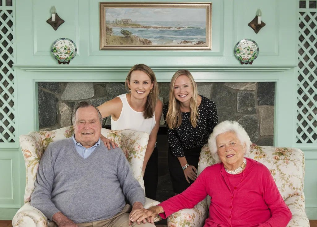 Ellie LeBlond Sosa (left, rear) and Kelly Ann Chase (right, rear) with President and the late Mrs. Bush at the Bush family Home