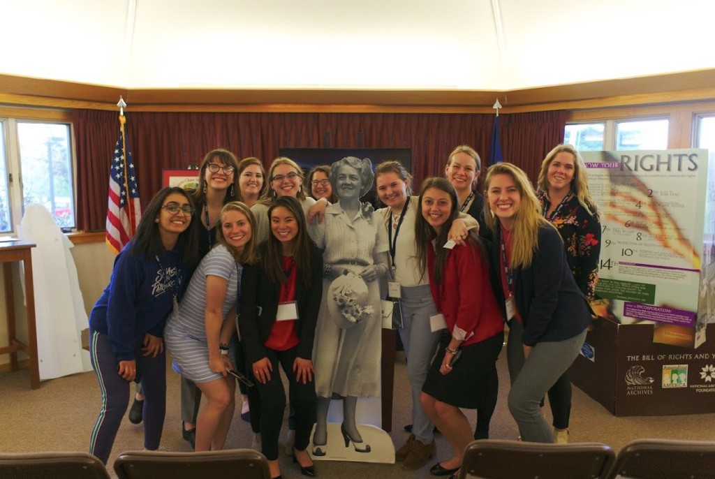 The institute is sponsored by the Margaret Chase Smith Policy Center. Students pose with a cut-out of Smith