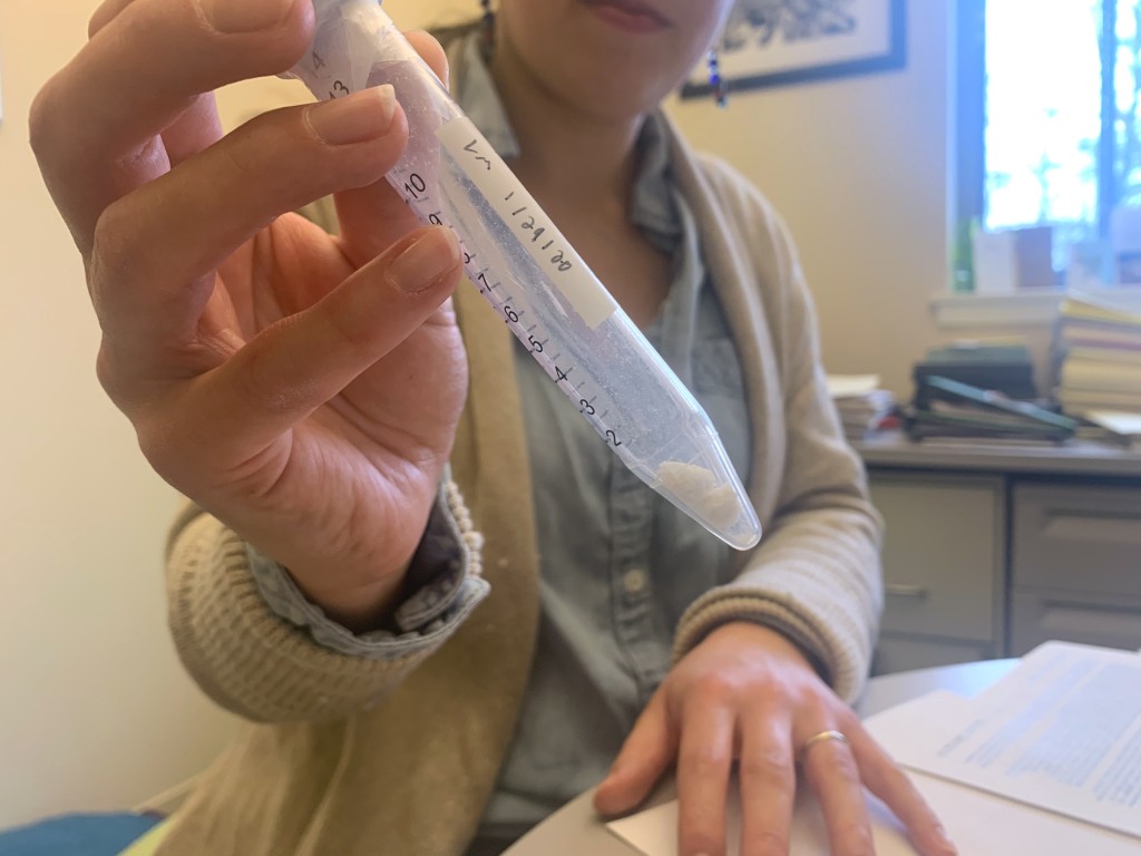 Assistant Professor of Chemistry Eva Rose Balog holds a sample of the elastin-like polymer I40, which was developed in her lab