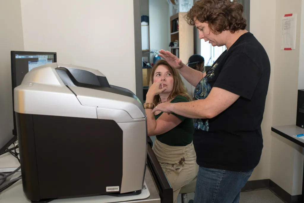 Meghan May (left) consults with Tamara King.