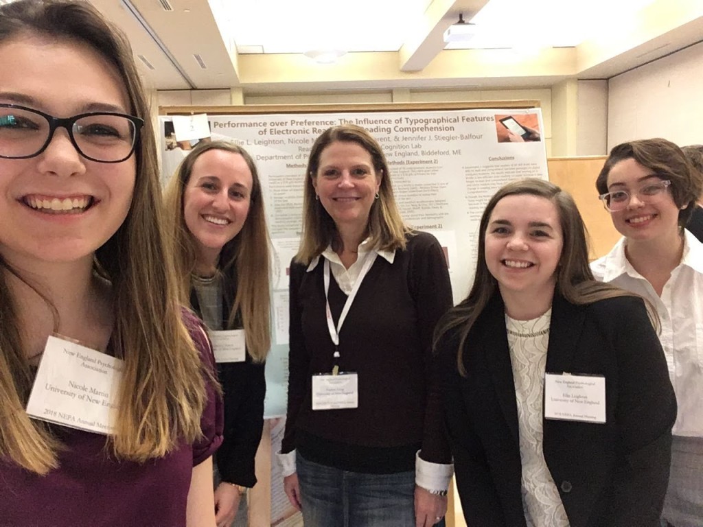 UNE students Nicole Martin, Courtney Parent, Ellie Leighton, Aubrey Sahouria and clinical professor Trish Long (middle) at NEPA 