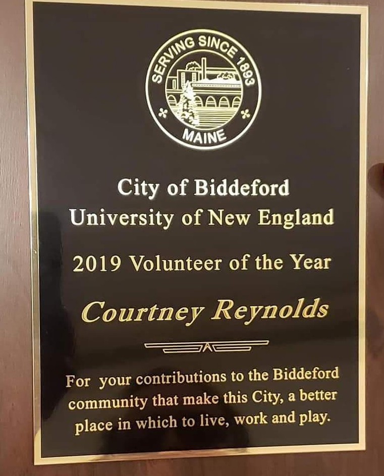 Reynold's UNE 2019 Volunteer of the Year plaque