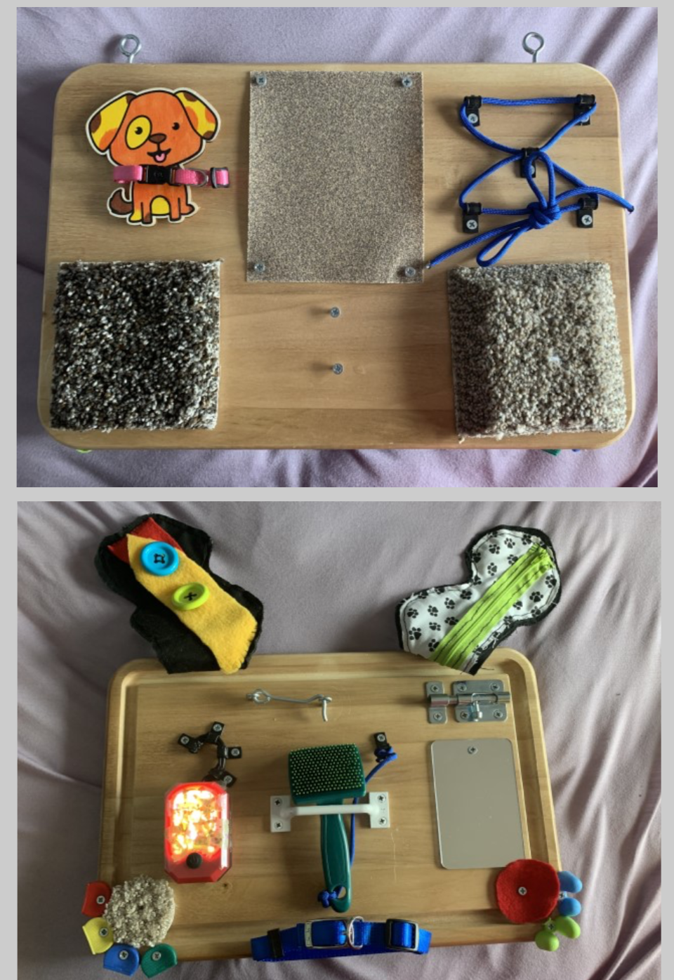 A portable dog-themed sensory board, created by Bethany Gruskin, B.S., (M.S.O.T., ’21)