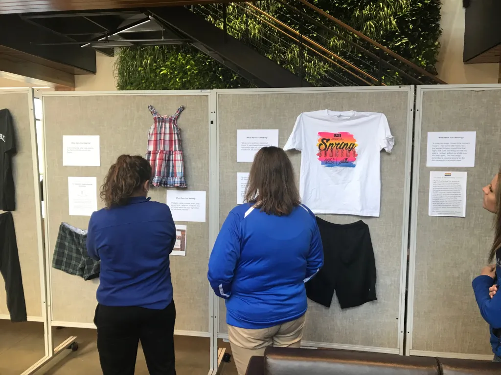 Students view one of the displays on the opening day of the exhibit