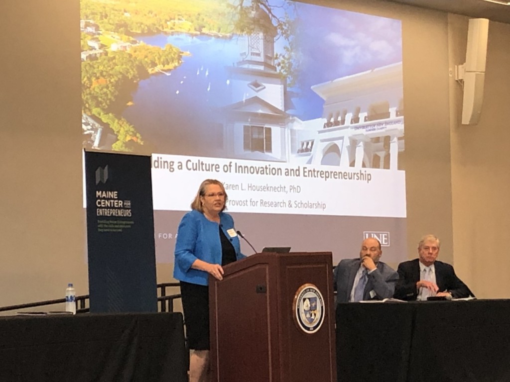 Karen Houseknecht speaking during a session on Maine's research institutes
