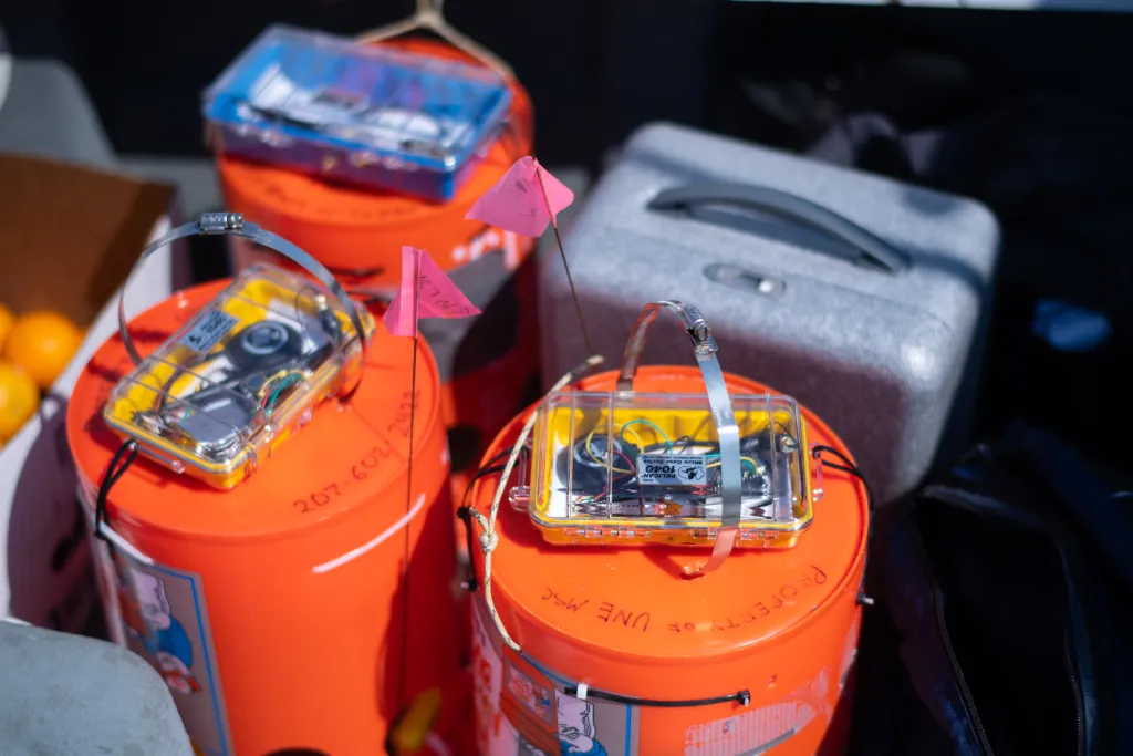 GPS drifters fashioned from five-gallon buckets used by Robinson to track water movements in Biddeford Pool.