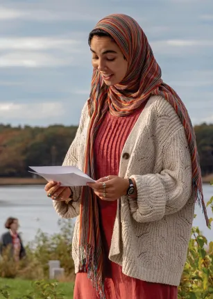 U N E student speaking at the Women's March 2021