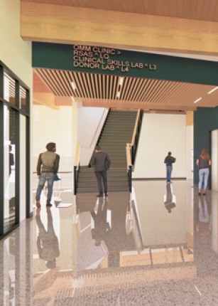 Rendering of the ground level entry of the new College of Osteopathic Medicine building