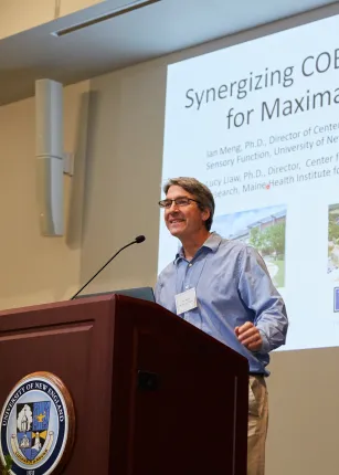 Professor Ian Meng speaks at a podium