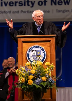 U.S. Senator Bernie Sanders speaks at the podium