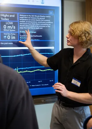 A UNE student delivers a presentation on weather data 