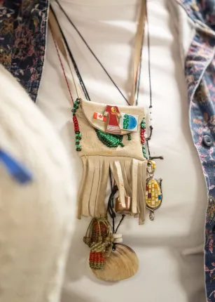 A traditional beaded necklace worn by Mikhu Paul