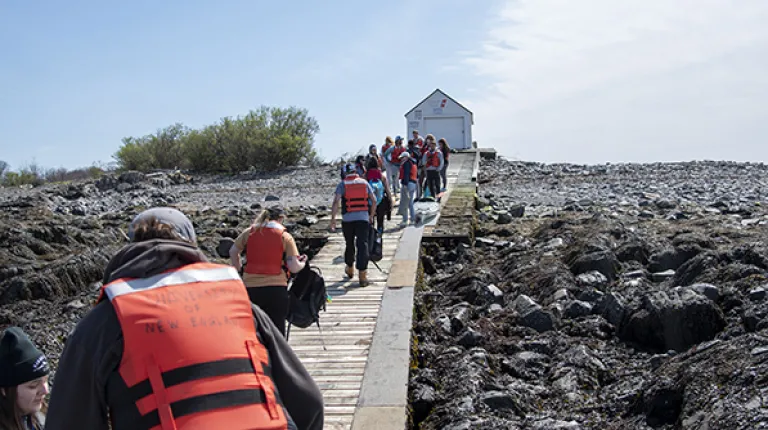 Students march to the boardwalk of Wood Island