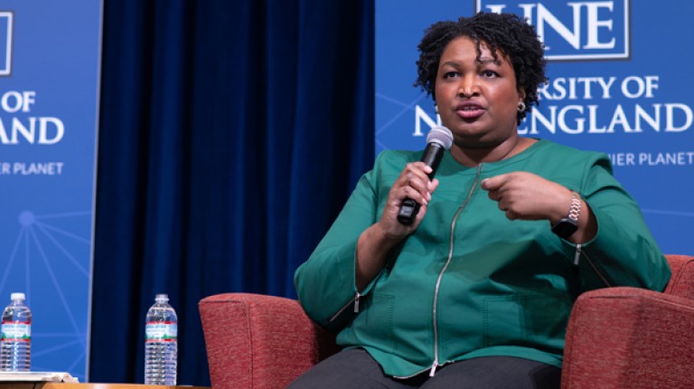 Stacey Abrams speaks at the 2020 Martin Luther King lecture on the Portland Campus