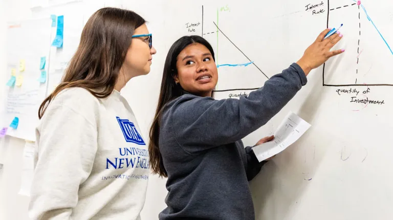 Two students review a money market graph on a whiteboard