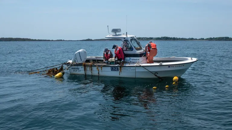 A group of U N E students on a boat in the Atlantic Ocean