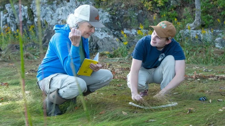 U N E faculty member and researcher Pam Morgan and Robyn Rollo crouch down to survey a section of the marsh for invertibretes