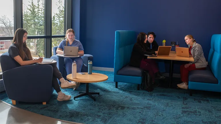 Two students studying in single chairs and three students studying together in a banquette