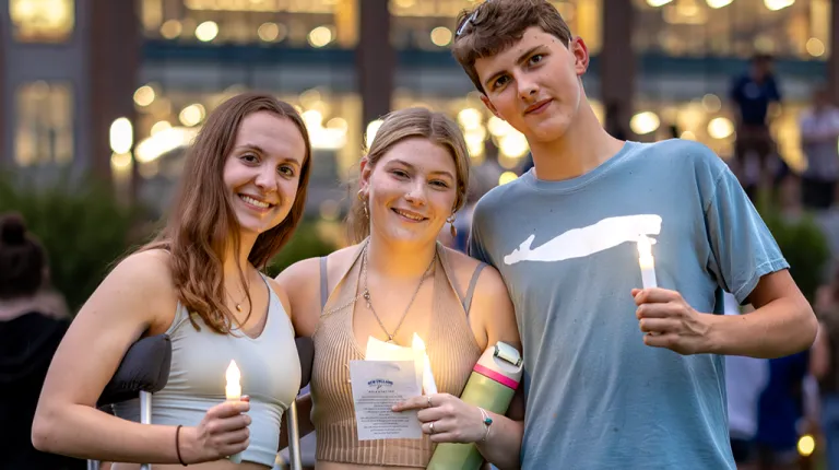 Three students hold battery-powered candles for First Night