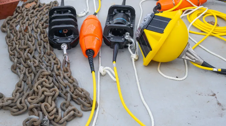 A range of oceanographic data-collection instruments displayed on the boat