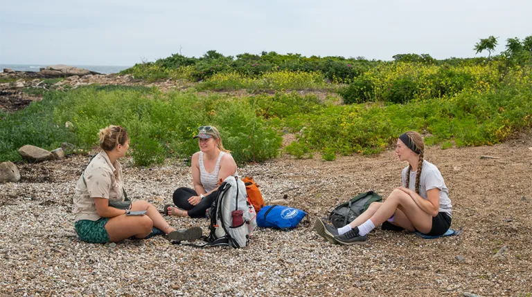 "Three students sitting on a rocky beach with field equipment and backpacks, conducting marine research near coastal vegetation with the ocean visible in the background.