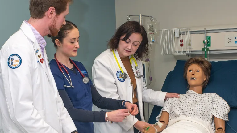 Three U N E health sciences students in white coats and scrubs practice a clinical procedure on a medical simulation mannequin in a hospital-style training lab, with an IV bag and medical equipment visible in the background.