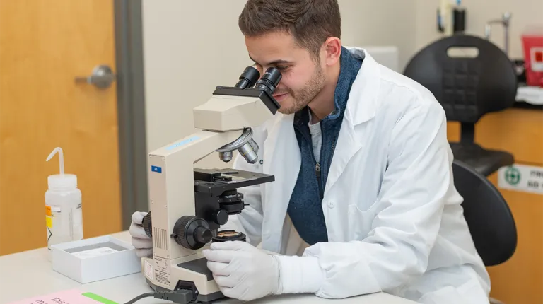  A student in a lab coat and gloves examines a slide under a microscope in a biomedical laboratory.