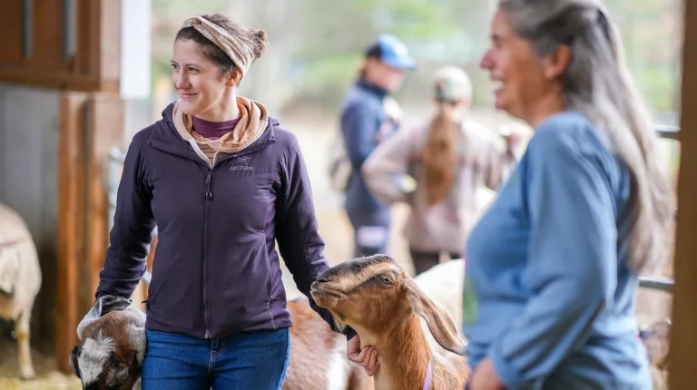 On April 14, University of New England Assistant Clinical Professor Emily Estell, M.P.H., RDN, LD, partnered with a local sheep-and-goat dairy farm in nearby Alfred to provide her nutrition students with an intimate, hands-on lesson in exactly how some local farmers work to support healthier food sources and a healthier planet.